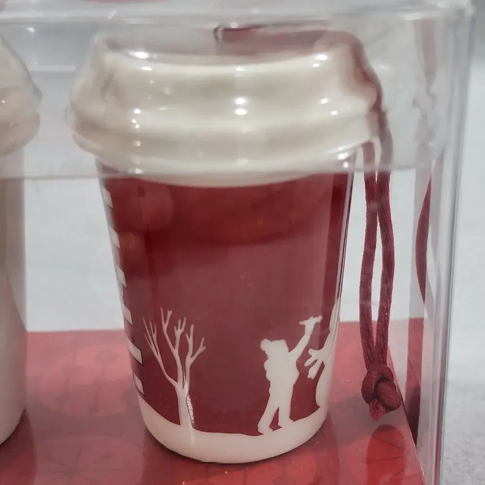 Starbucks 2006 To Go Coffee Cups Ceramic Ornaments x2 Holiday Decor #236294 NIP